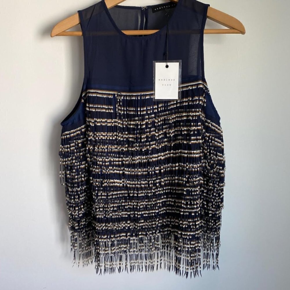 NWT Endless Rose Navy & Yellow Fringed Tiered Tank Top L
